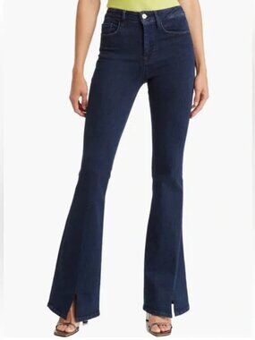 FRAME Denim Le One Flare High Slit Hem Waist Jeans Dark Blue Wash Stretch SIZE 2